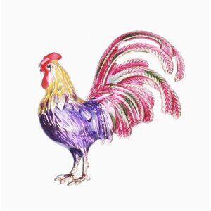 Women's Brooch Red & Violet Enamel Rooster Silver Tone